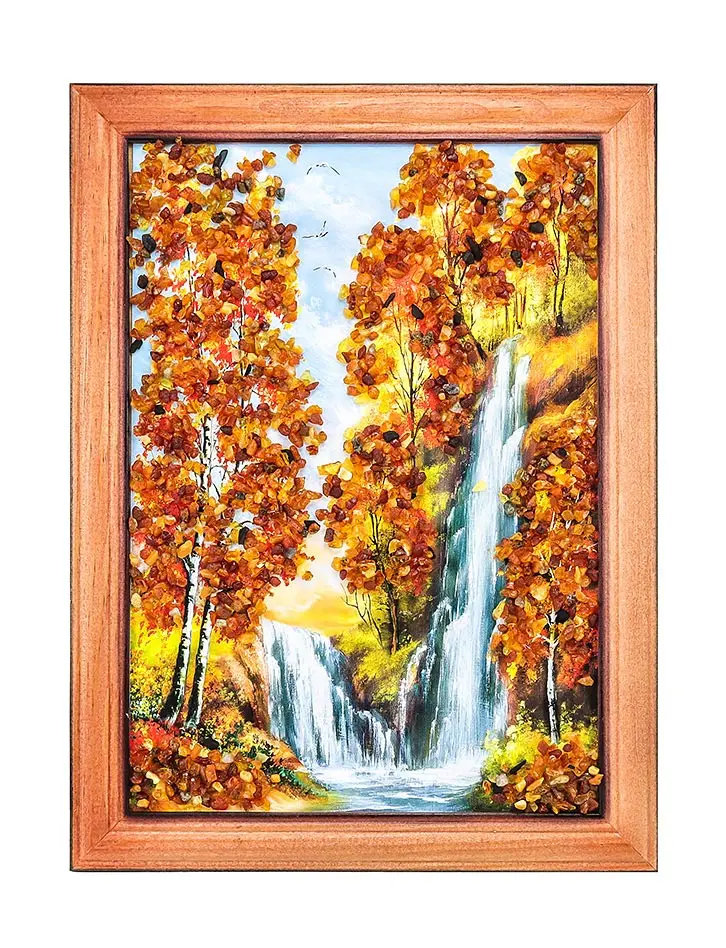 картинка Вертикальный пейзаж, украшенный натуральным янтарём «Два потока» 24 см (В) х 17 см (Ш) в онлайн магазине