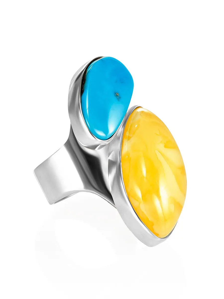 картинка Яркое кольцо Bella Terra из серебра с медовым янтарём и бирюзой в онлайн магазине