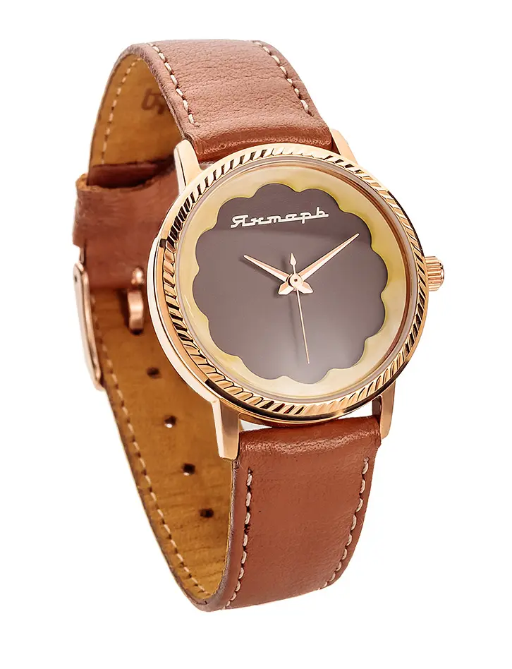 Женские наручные часы Янтарь™ на кожаном ремешке, украшенные балтийским янтарём в интернет-магазине янтаря