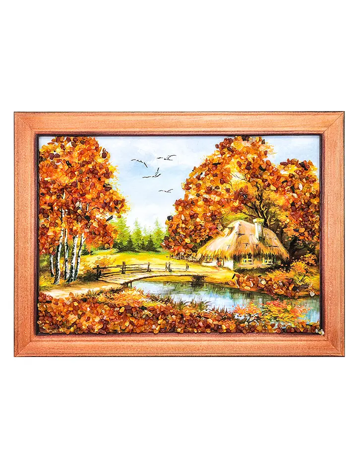 картинка Небольшое декоративное панно, украшенное янтарём «Домик у реки» 17 (В) х 24 (Ш) в онлайн магазине