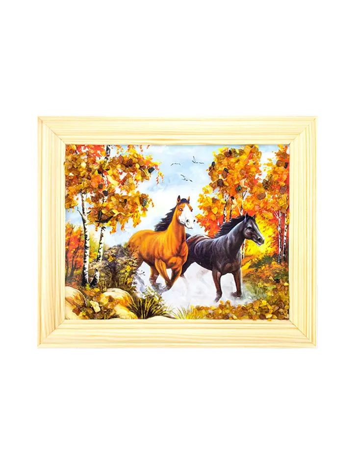 картинка «Лошади». Небольшая горизонтальная картина, украшенная янтарем в онлайн магазине