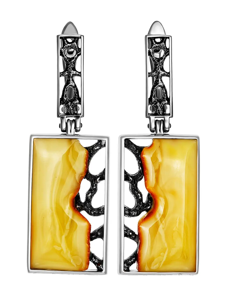 картинка Прямоугольные серебряные серьги «Модерн» со вставками натурального янтаря в онлайн магазине
