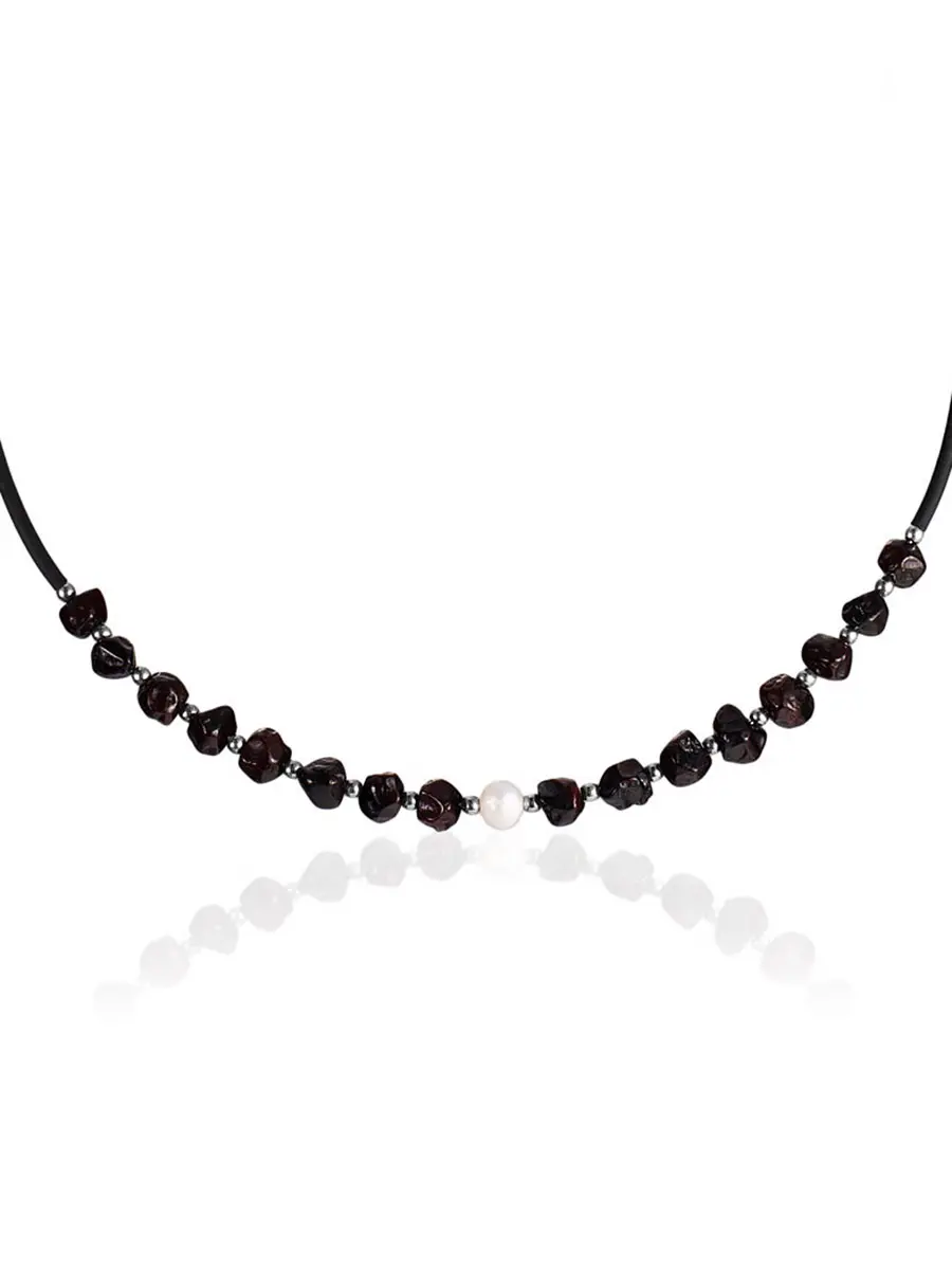 картинка Колье-чокер на силиконовом обруче с янтарём и жемчугом «Оклахома» в онлайн магазине