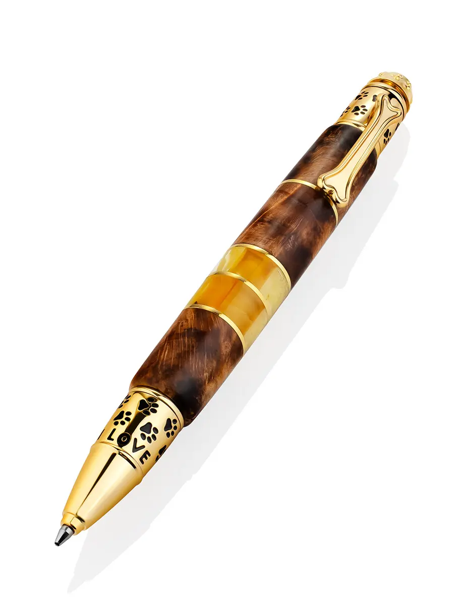 картинка Оригинальная ручка из натурального янтаря и дерева «Лапки» в онлайн магазине