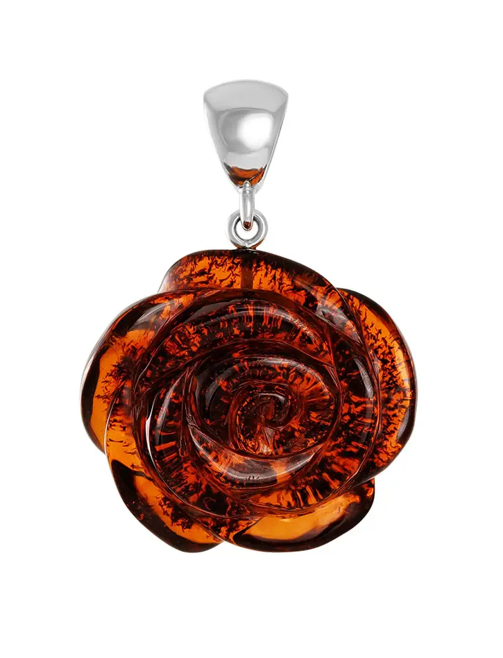картинка Резная подвеска из цельного янтаря тёмно-коньячного цвета с серебром «Роза» в онлайн магазине