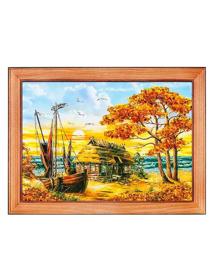 картинка Морской пейзаж с россыпью натурального янтаря «Старая хижина» 17 см (В) х 24 см (Ш) в онлайн магазине
