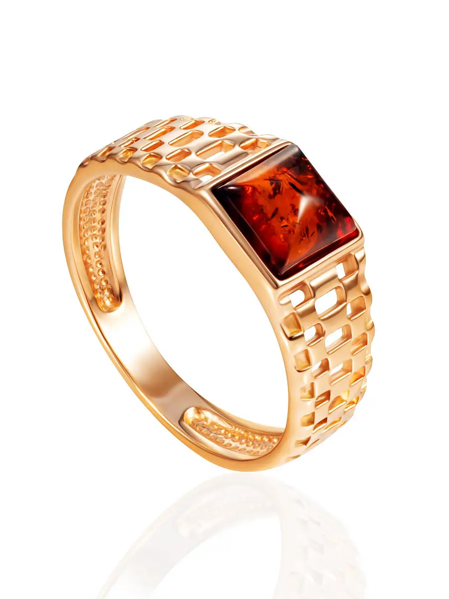 картинка Необычное кольцо-унисекс «Турбийон» с коньячным янтарём в онлайн магазине