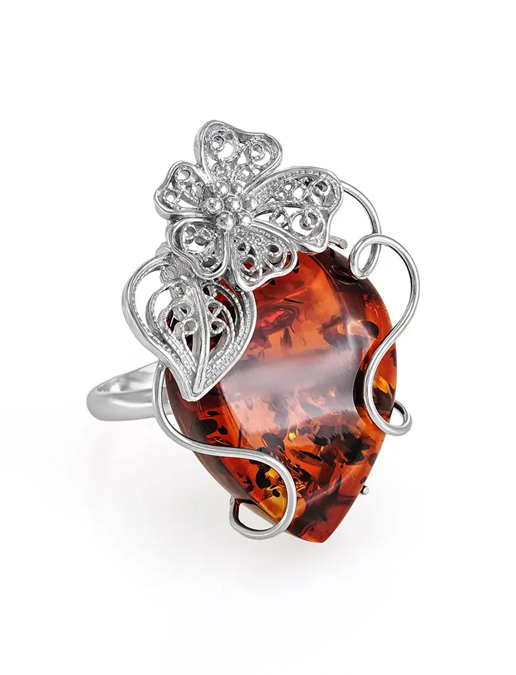 картинка Серебряное кольцо с натуральным янтарем насыщенного коньячного цвета «Филигрань» в онлайн магазине