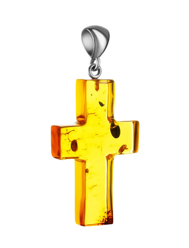 картинка Нательный крестик из натурального цельного коньячного янтаря и серебра в онлайн магазине