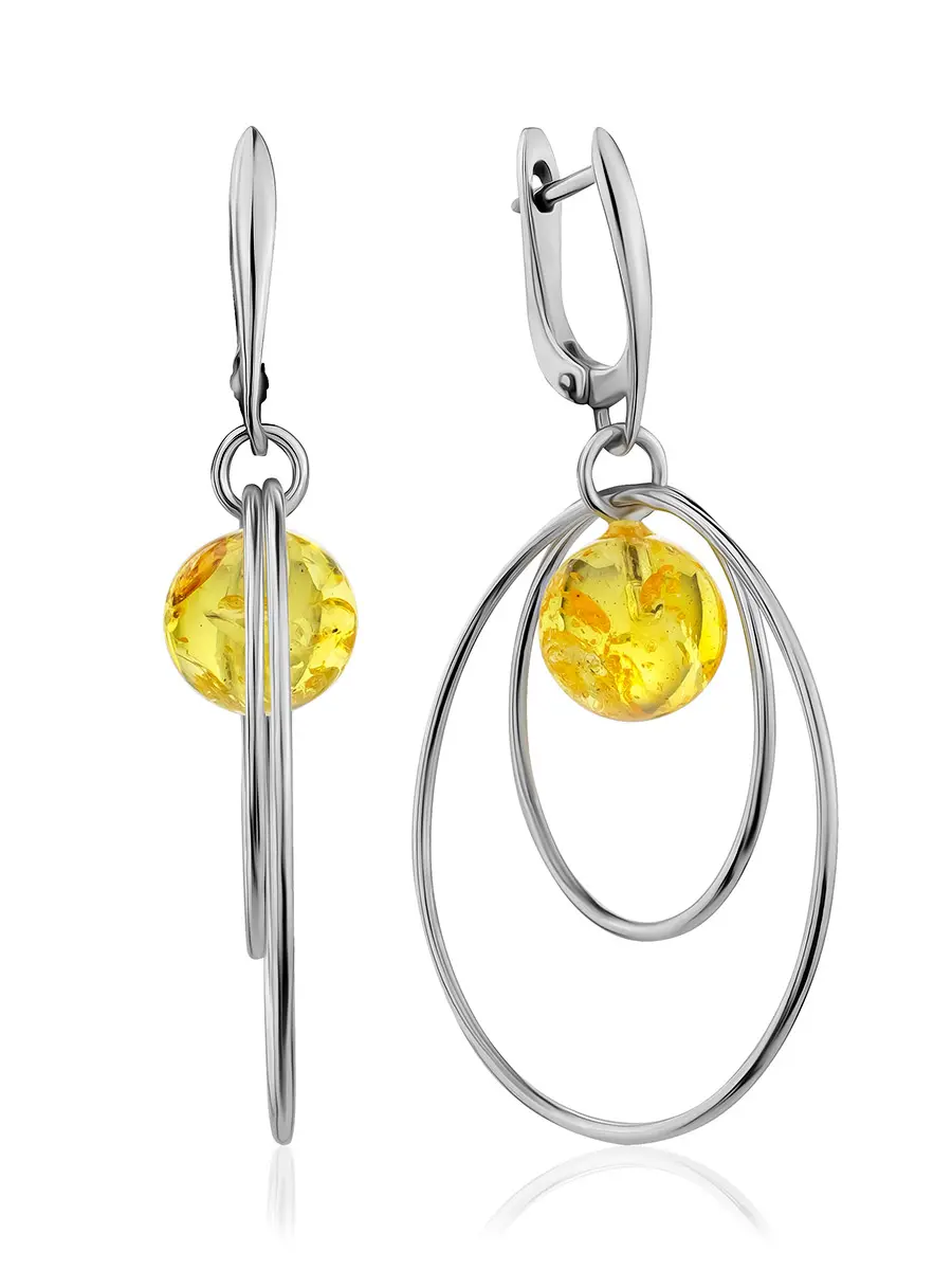 картинка Яркие крупные серьги из серебра и янтаря лимонного цвета «Юпитер» в онлайн магазине