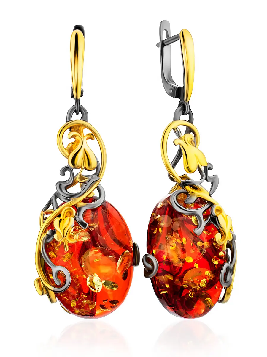 картинка Эффектные серьги из янтаря красного цвета в золочённом серебре «Версаль» в онлайн магазине
