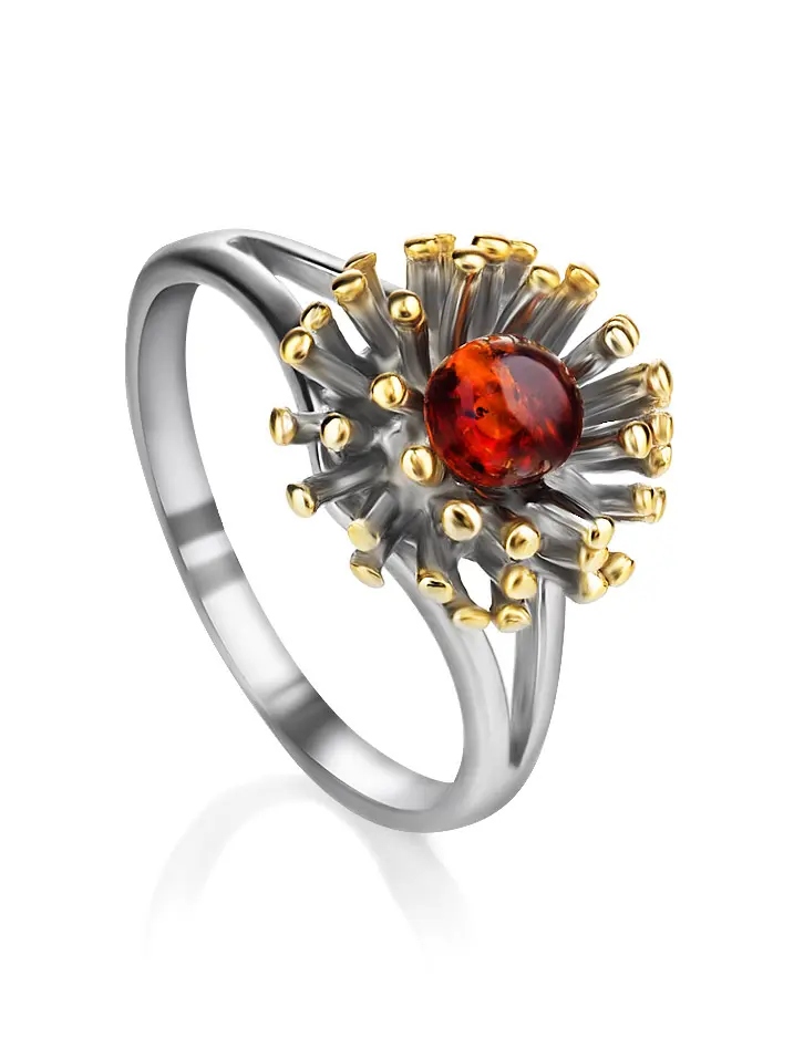 картинка Яркое кольцо в необычном дизайне из серебра и коньячного янтаря «Барбадос» в онлайн магазине