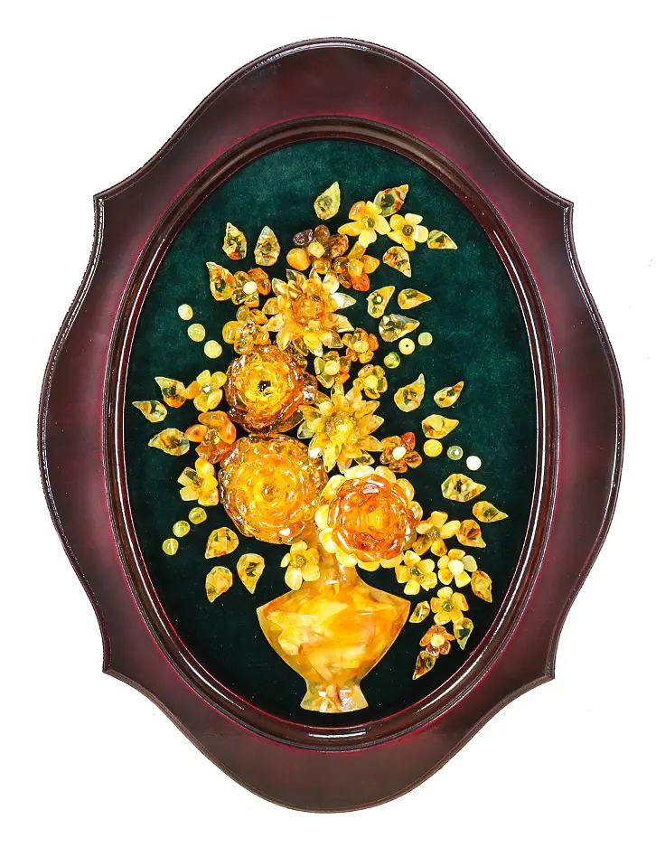 картинка Овальное декоративное панно из натурального янтаря «Ваза с цветами» 42 х 32 в онлайн магазине