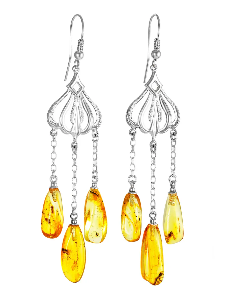картинка Изысканные серебряные серьги-люстры, украшенные янтарём с насекомыми «Клио» в онлайн магазине