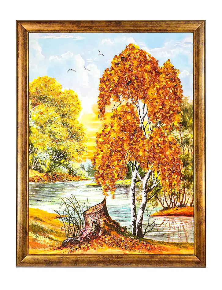 картинка Вертикальная картина, украшенная россыпью натурального балтийского янтаря «Осенняя река» в онлайн магазине