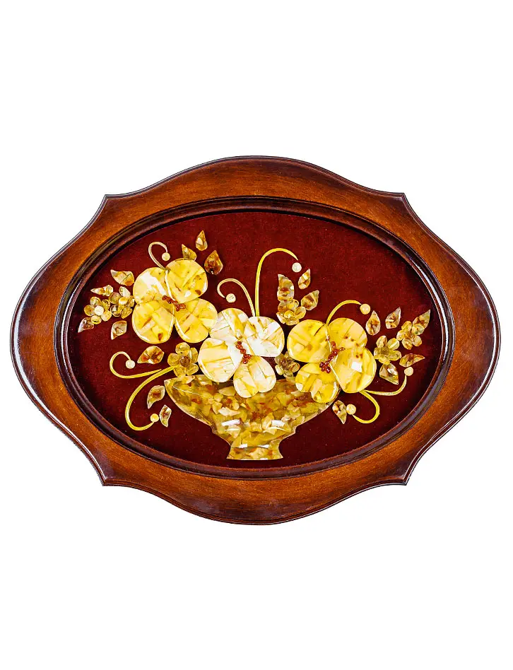 картинка Горизонтальное панно овальной формы из натурального янтаря «Ваза с орхидеями» 42 х 32 см в онлайн магазине