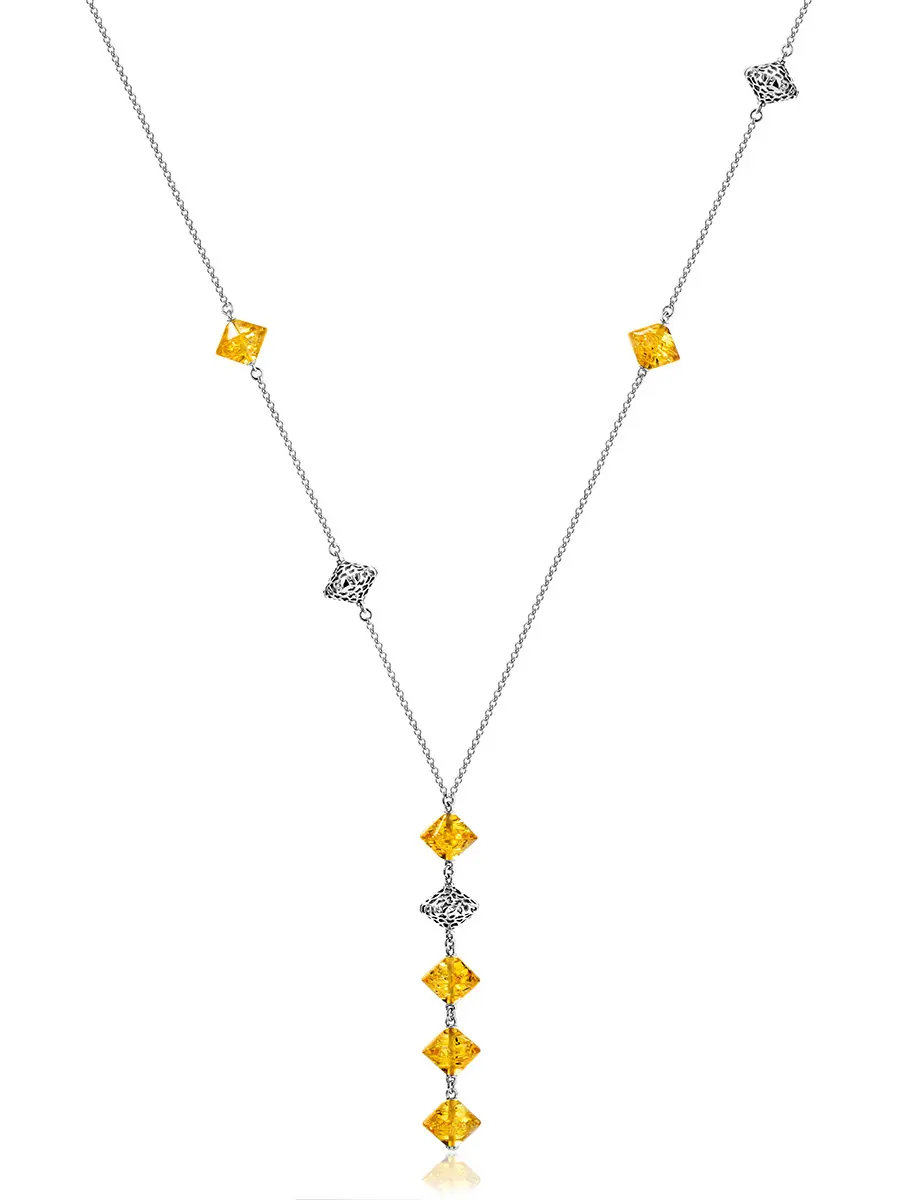 картинка Изящное ажурное колье из серебра и янтаря лимонного цвета «Юла» в онлайн магазине
