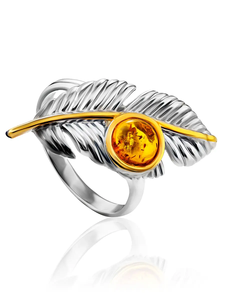 картинка Кольцо «Павлин» из серебра с позолотой и янтаря в онлайн магазине