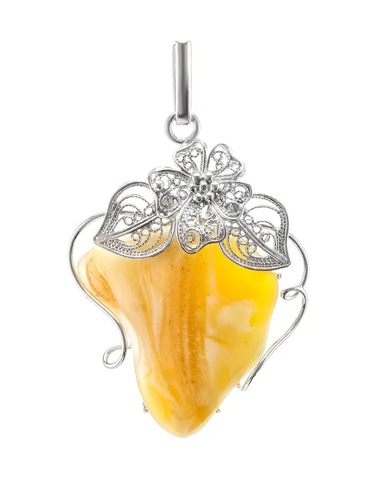 картинка Изысканный серебряный кулон «Филигрань» с натуральным янтарём медового цвета в онлайн магазине
