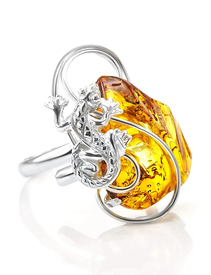 картинка Оригинальное кольцо из серебра и натурального золотистого янтаря «Караваджо» в онлайн магазине