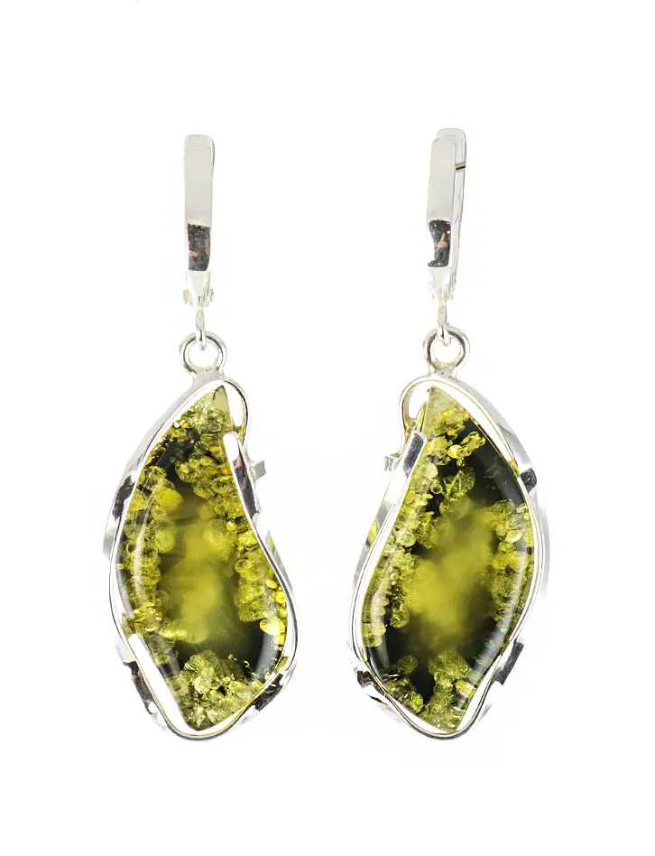 картинка Крупные серьги из янтаря природной удлиненной формы зеленого цвета в серебре «Лагуна» в онлайн магазине