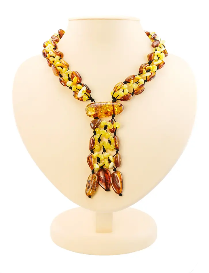 картинка Колье из натурального янтаря коньячного и медового цветов «Плетеный галстук» в онлайн магазине