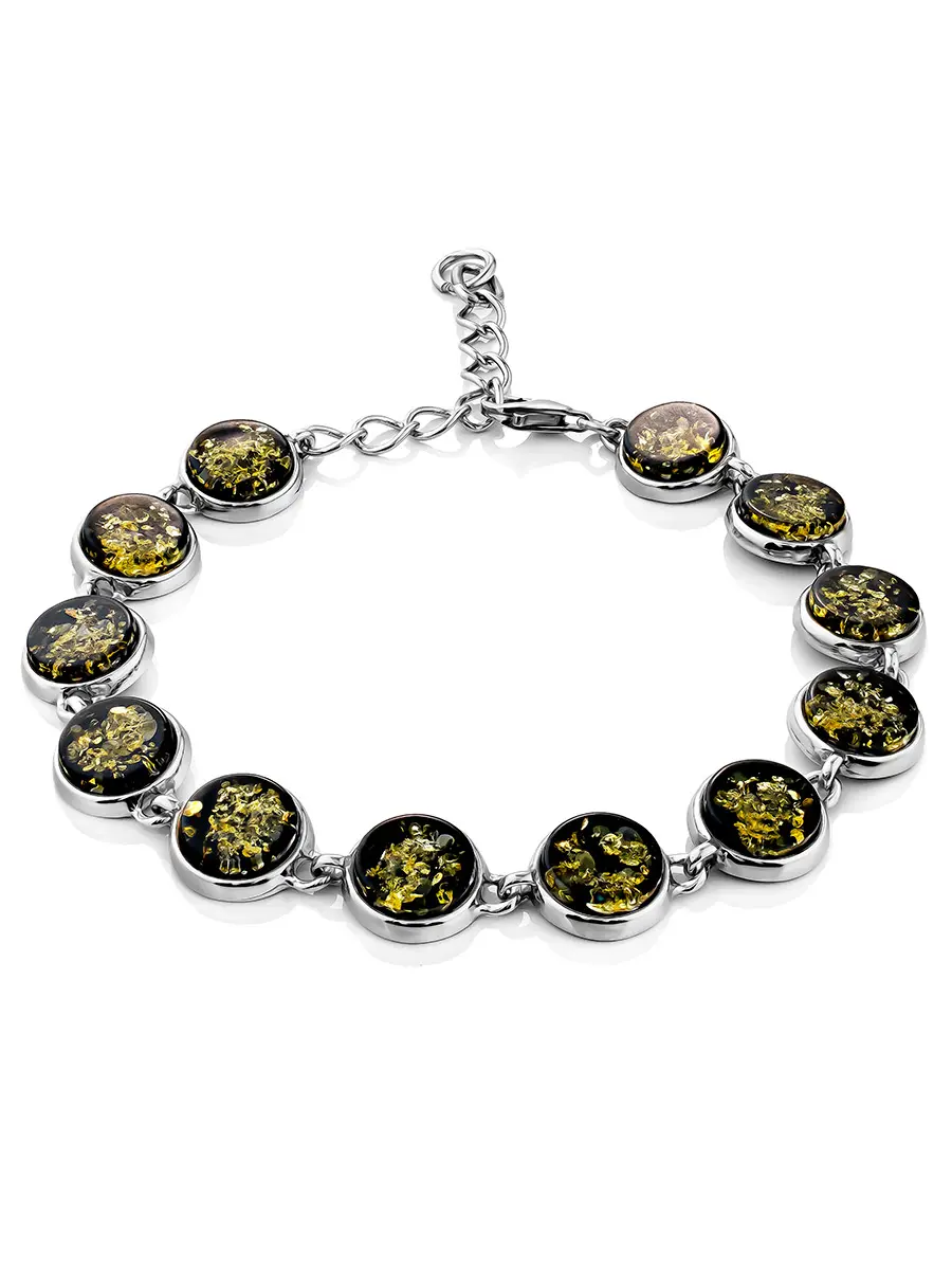 картинка Очаровательный серебряный браслет с янтарём зелёного цвета «Фурор» в онлайн магазине