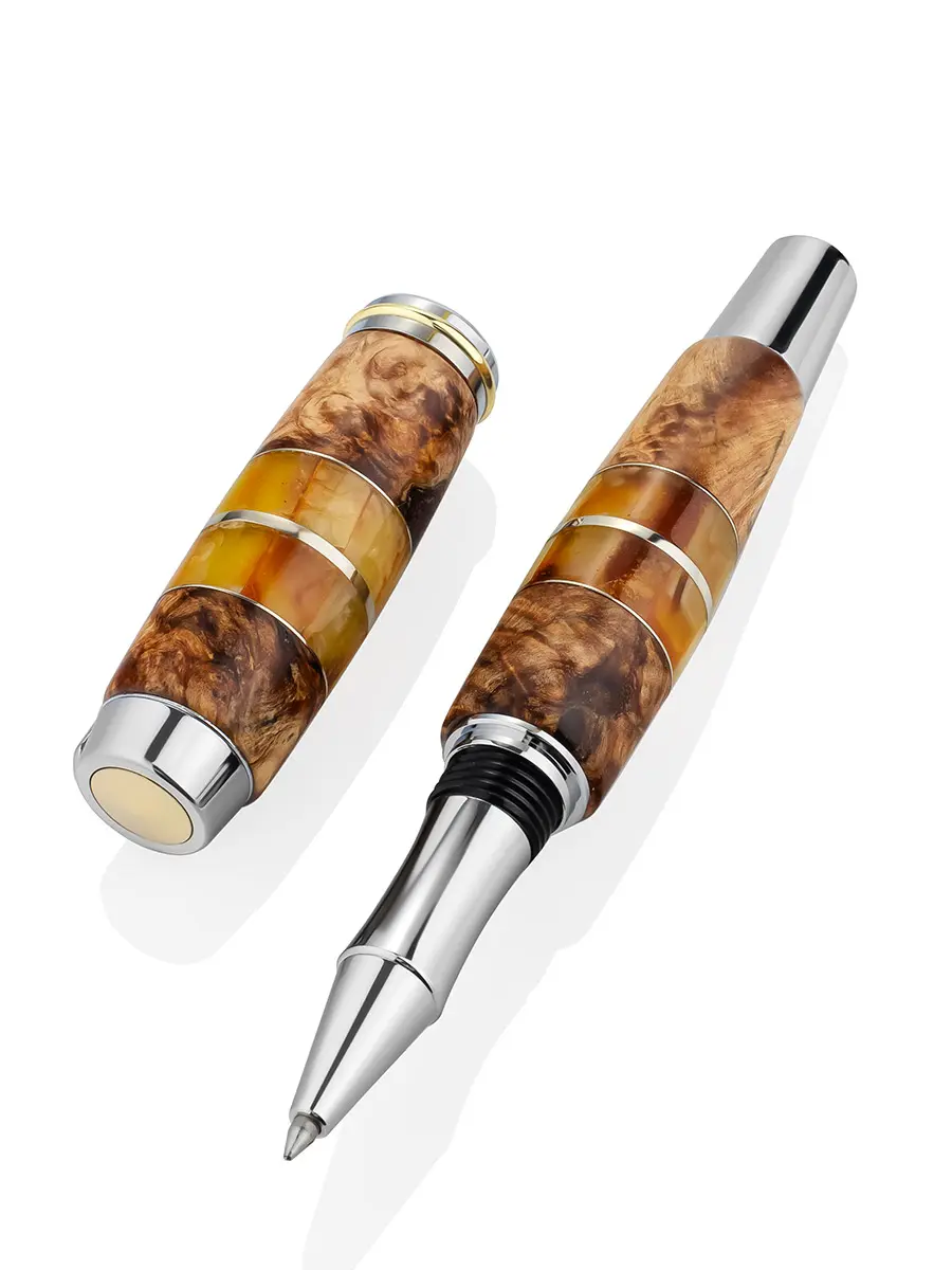 картинка Эксклюзивная ручка из карельской берёзы с живописными янтарными вставками в онлайн магазине