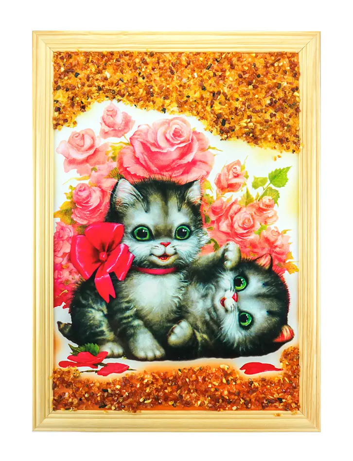 картинка Вертикальная картина «Играющие котята», украшенная янтарём  в онлайн магазине