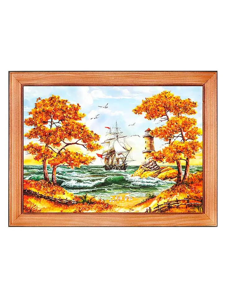 картинка Горизонтальный пейзаж, украшенный небольшими кусочками натурального янтаря «Парусник» 17 см (В) х 24 см (Ш) в онлайн магазине