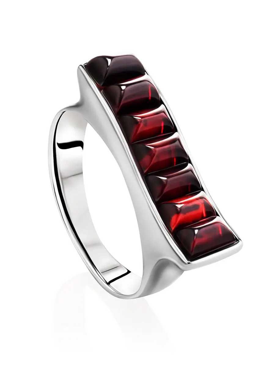 картинка Серебряное кольцо с прямоугольными вставками вишневого янтаря «Мозаика» в онлайн магазине