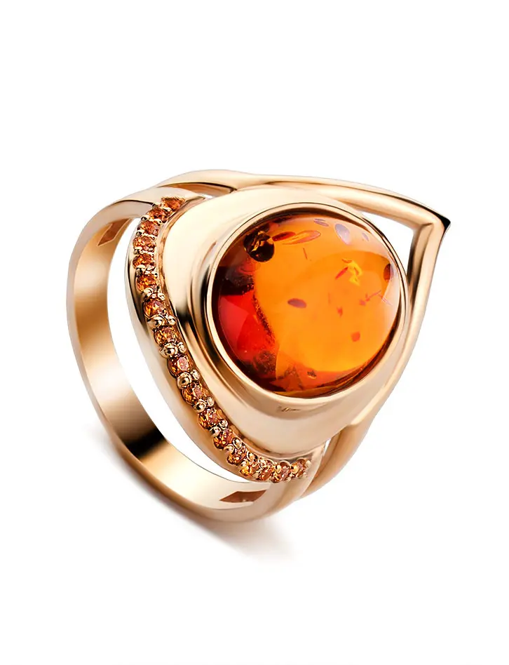 картинка Золотой перстень «Ренессанс» с натуральным коньячным янтарём в онлайн магазине