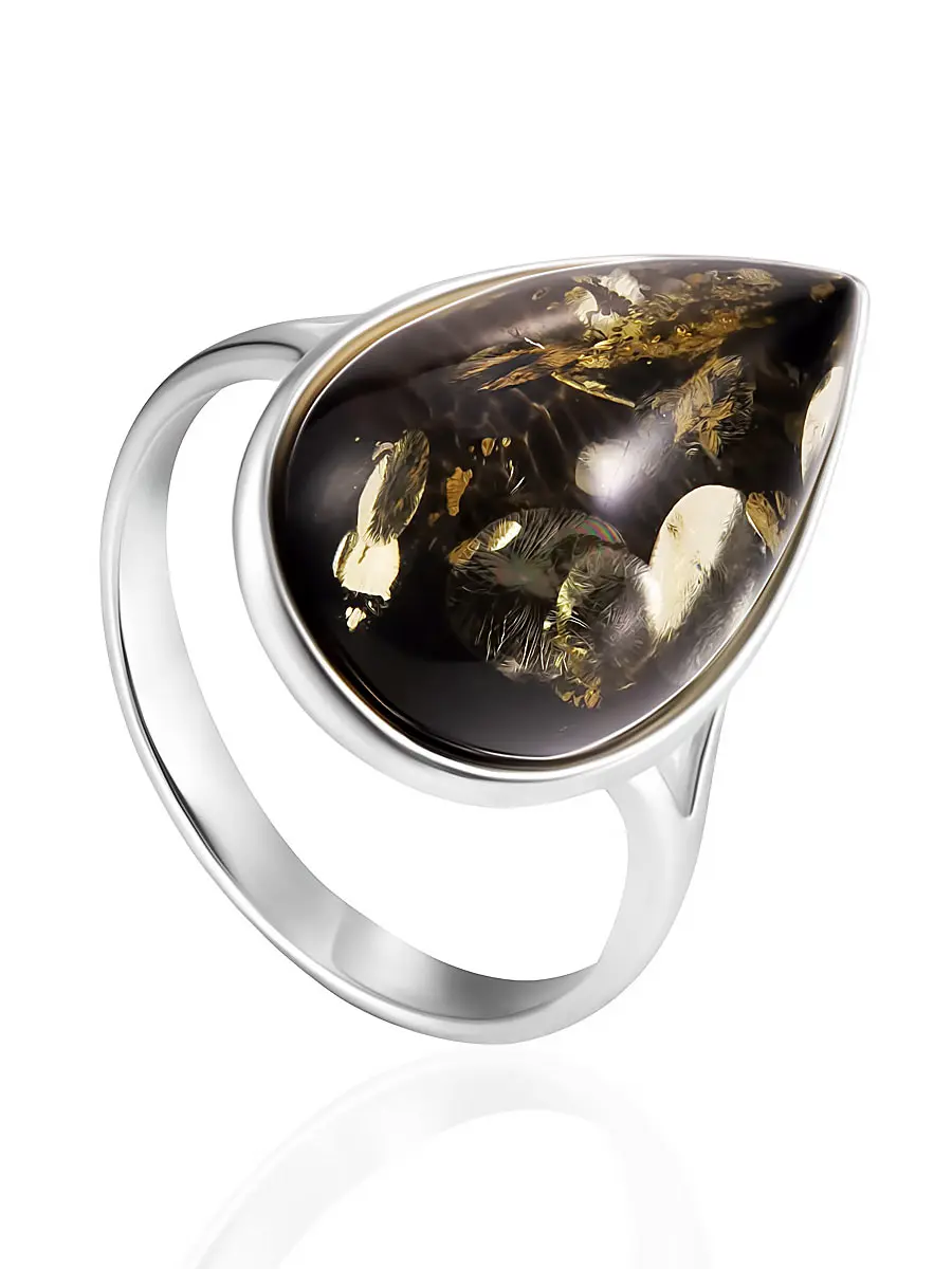 картинка Стильное серебряное кольцо с янтарём зелёного цвета «Импульс» в онлайн магазине