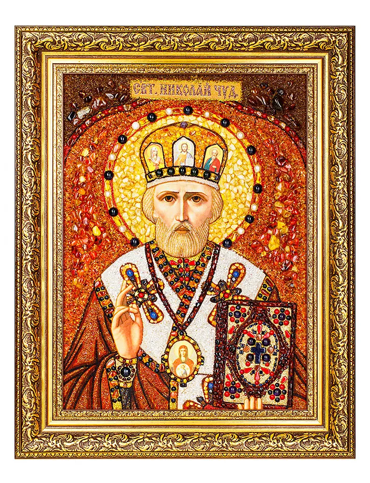 картинка Икона «Святой Николай Чудотворец» из натурального янтаря и самоцветов в онлайн магазине