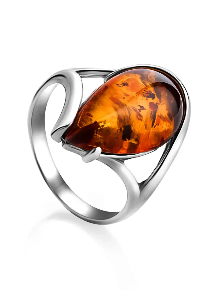 картинка Стильное кольцо из серебра и натурального янтаря коньячного цвета «Джоконда» в онлайн магазине