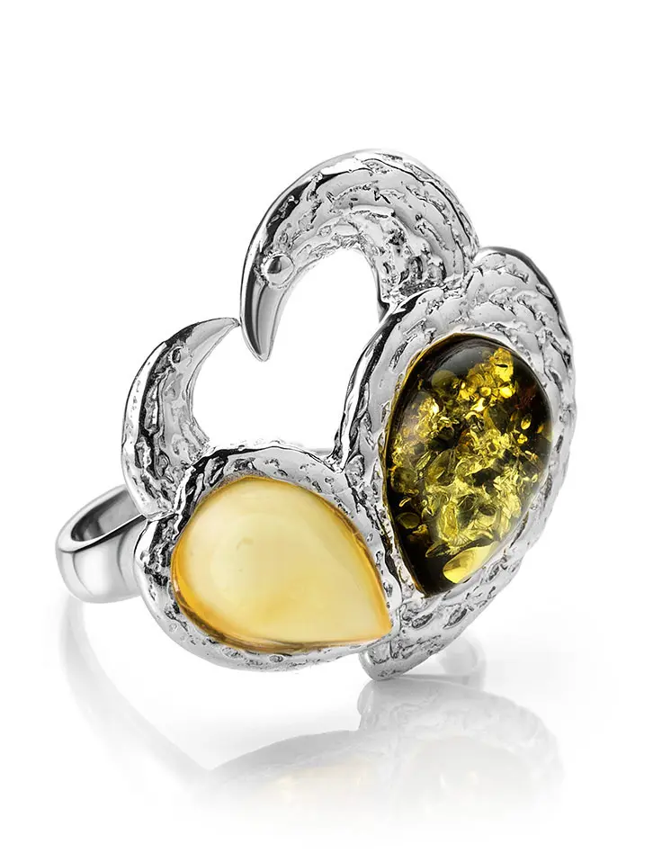 картинка Оригинальное и эффектное кольцо из серебра и натурального янтаря двух цветов «Лирика» в онлайн магазине