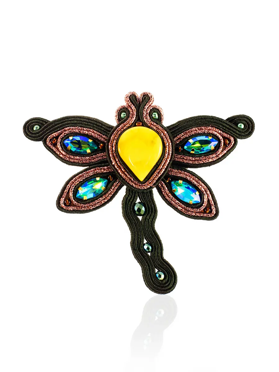 картинка Плетёная брошь-стрекоза с натуральным янтарём медового цвета «Индия» в онлайн магазине