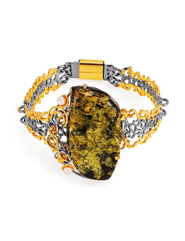 картинка Роскошный яркий браслет из серебра, украшенный янтарём и жемчугом «Версаль» в онлайн магазине
