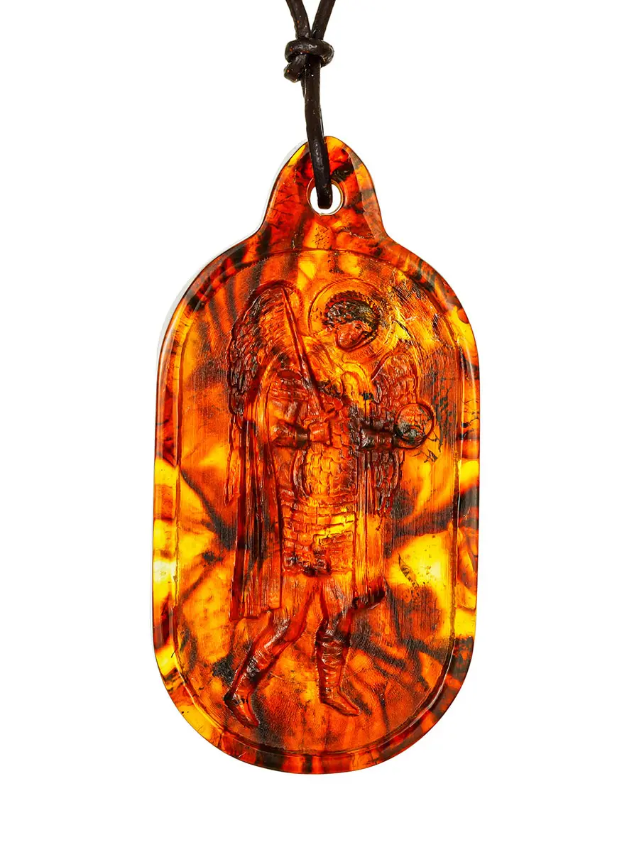 картинка Резная подвеска из натурального формованного янтаря «Архангел Михаил» в онлайн магазине
