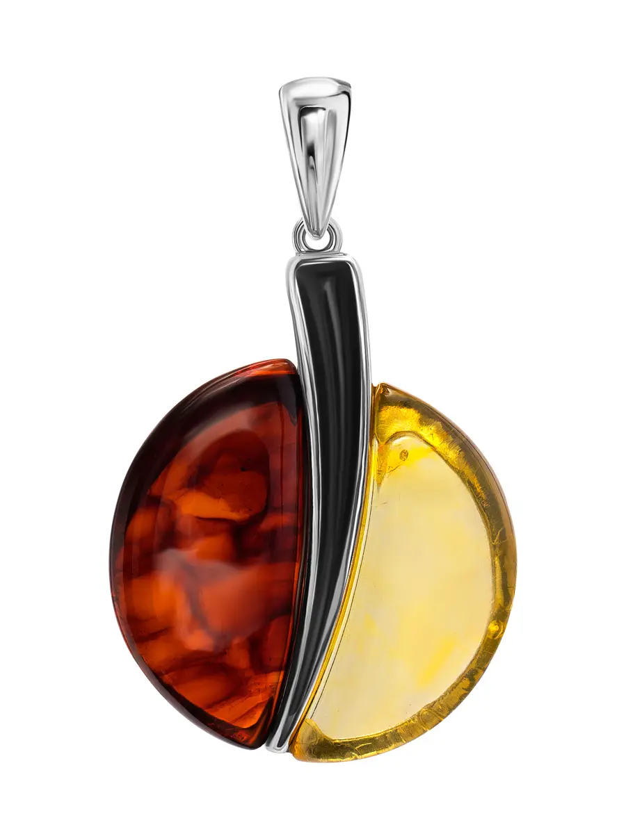 картинка Эффектный яркий кулон из серебра и янтаря лимонного и вишнёвого цветов «Санрайз» в онлайн магазине