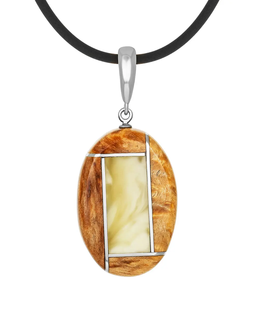 картинка Стильный кулон из натурального балтийского янтаря и дерева «Индонезия» в онлайн магазине