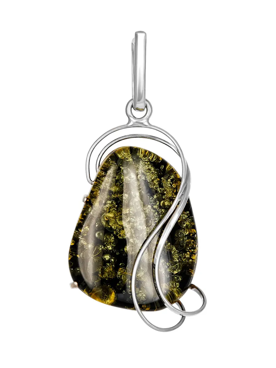 картинка Красивая серебряная подвеска «Риальто» из натурального янтаря насыщенного зелёного цвета в онлайн магазине
