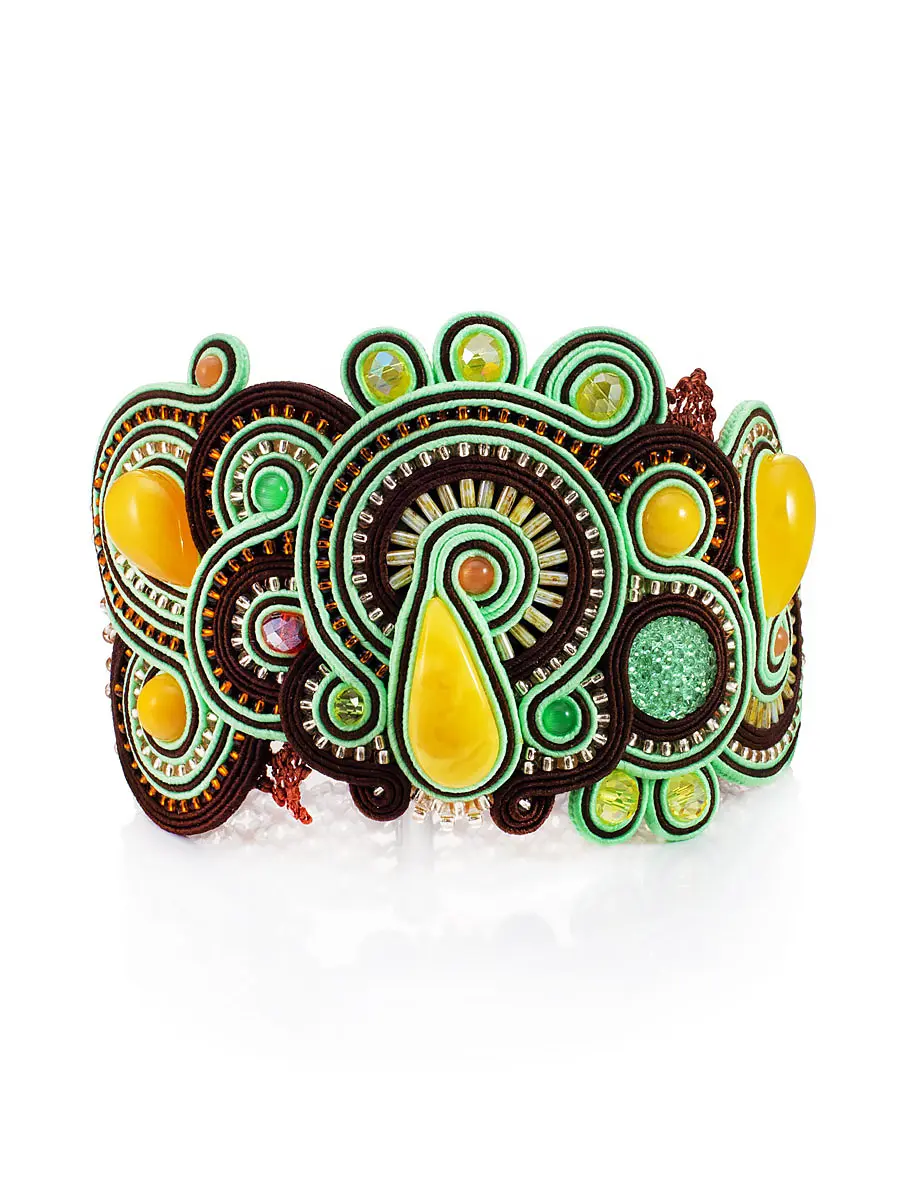 картинка Стильный плетёный браслет со вставками из натурального медового янтаря «Индия» в онлайн магазине