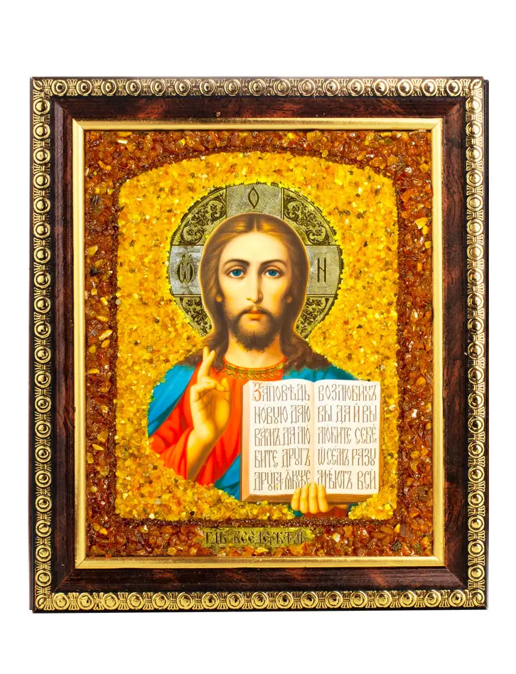 картинка Икона, украшенная натуральным балтийским янтарём «Спас Вседержитель» в онлайн магазине