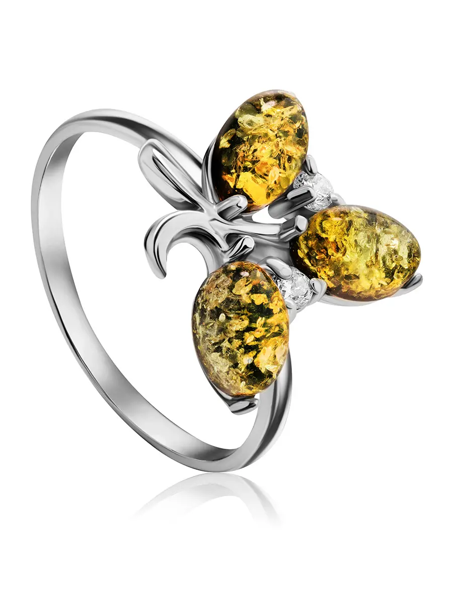 картинка Изысканное кольцо из серебра с натуральным зелёным янтарём «Олеандр» в онлайн магазине