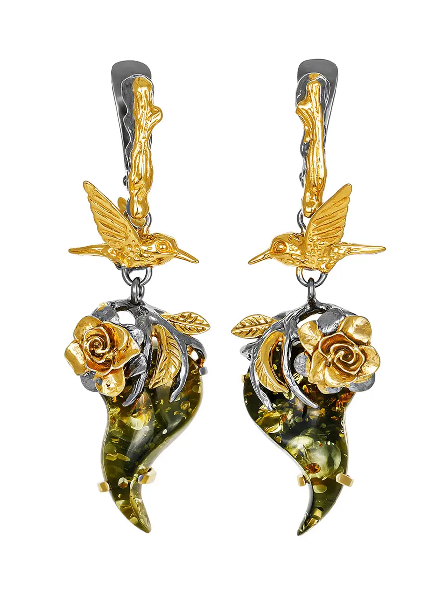 картинка Необычные серьги «Колибри» из зелёного янтаря в оправе с золочением в онлайн магазине