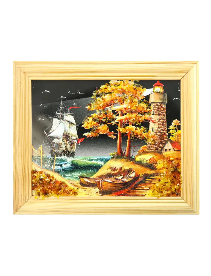 картинка Маленькая горизонтальная картина с натуральным янтарем «Ночной пейзаж с маяком» в онлайн магазине