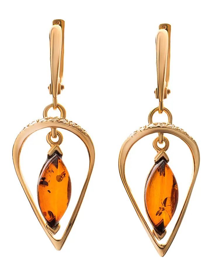 картинка Нежные серьги из золочённого серебра с янтарём и кристаллами «Тадж-Махал» в онлайн магазине
