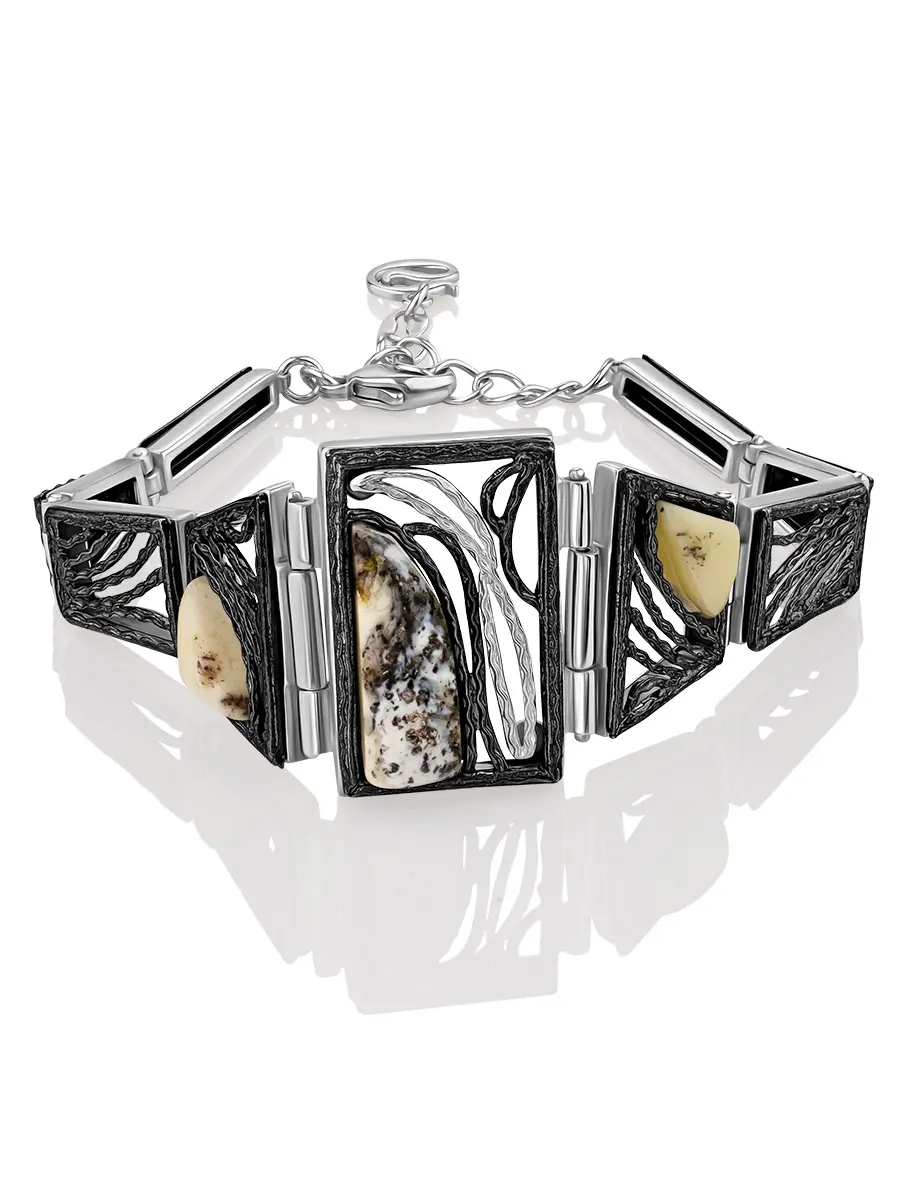 картинка Изящный браслет «Модерн» из серебра с натуральным янтарём в онлайн магазине