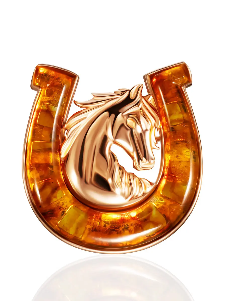 картинка Яркая позолоченная брошь с натуральным янтарём «Подкова» в онлайн магазине